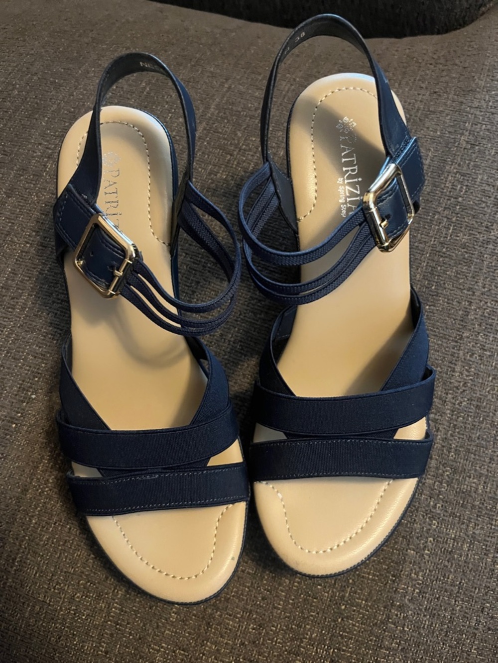 Patrizia Navy Strappy Slingback Sandals with Gold Buckles - Women's